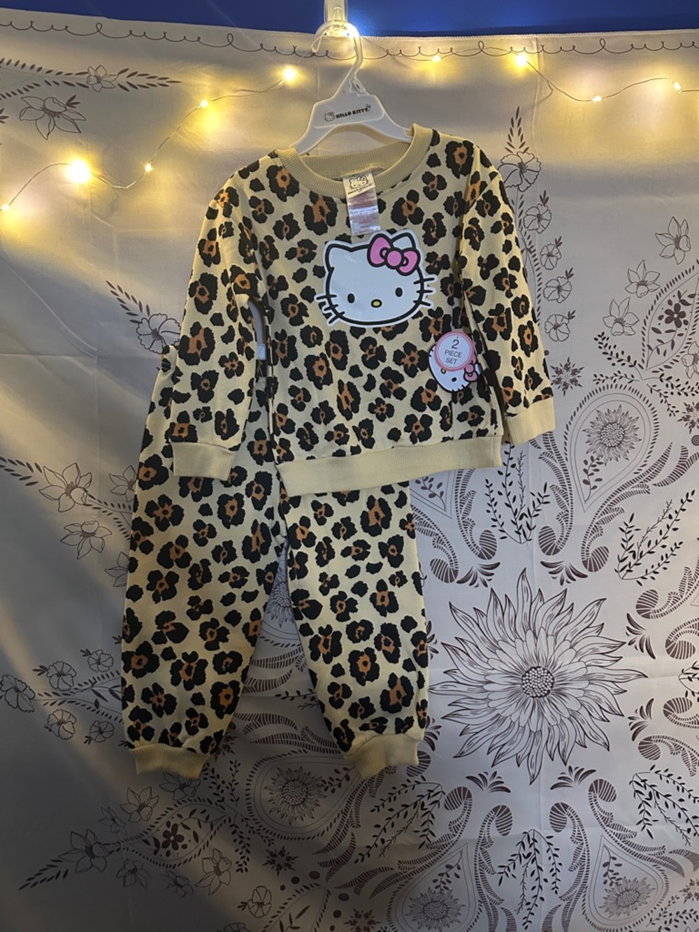 Hello Kitty Leopard Print Pajama Set - Cream, Black & Brown